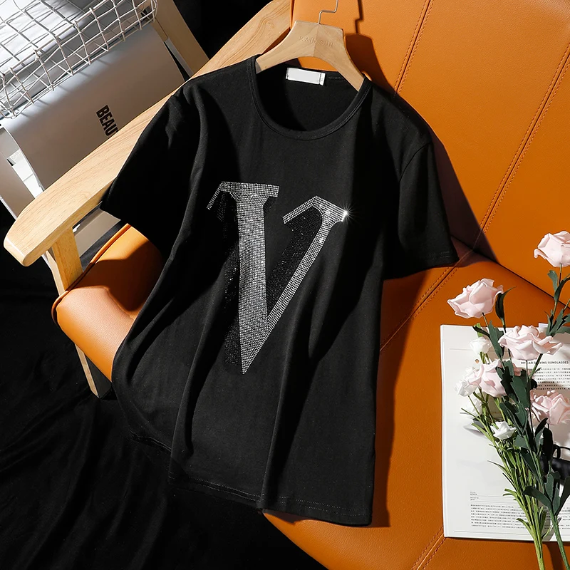 Fashion Leisure hot diamonds alphabet “V” short-sleeve t-shirt female 2021 summer new Round neck hot drill loose women tops