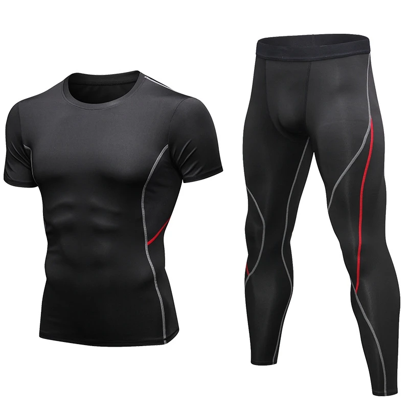 

2pc Sportwear Fitness Clothing Jogger Set Men T-shirt + Pants Set Compression tights Quick dry Sweat Gym Running Set