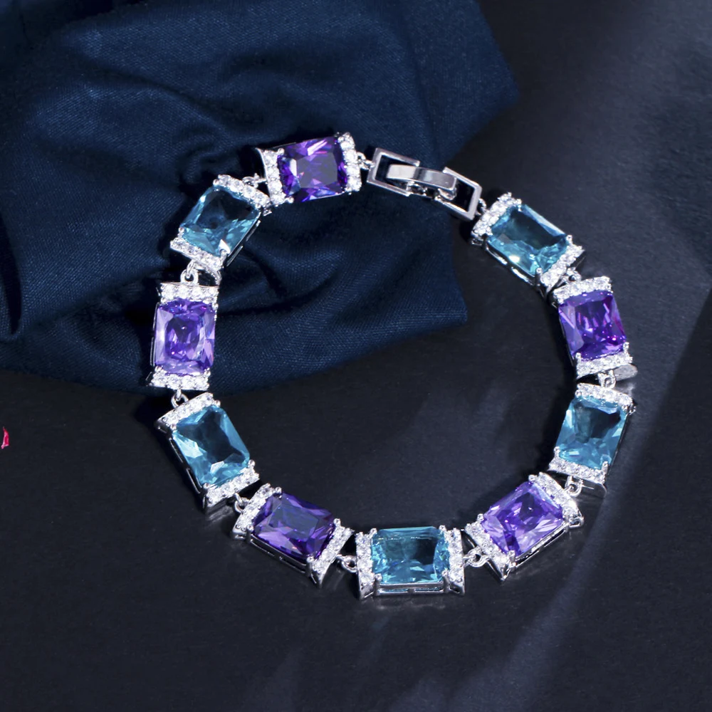 ThreeGraces Elegant Blue Purple Cubic Zirconia Geometric Rectangle Link Chain Tennis Bracelets for Women Chic Fine Jewelry BR191