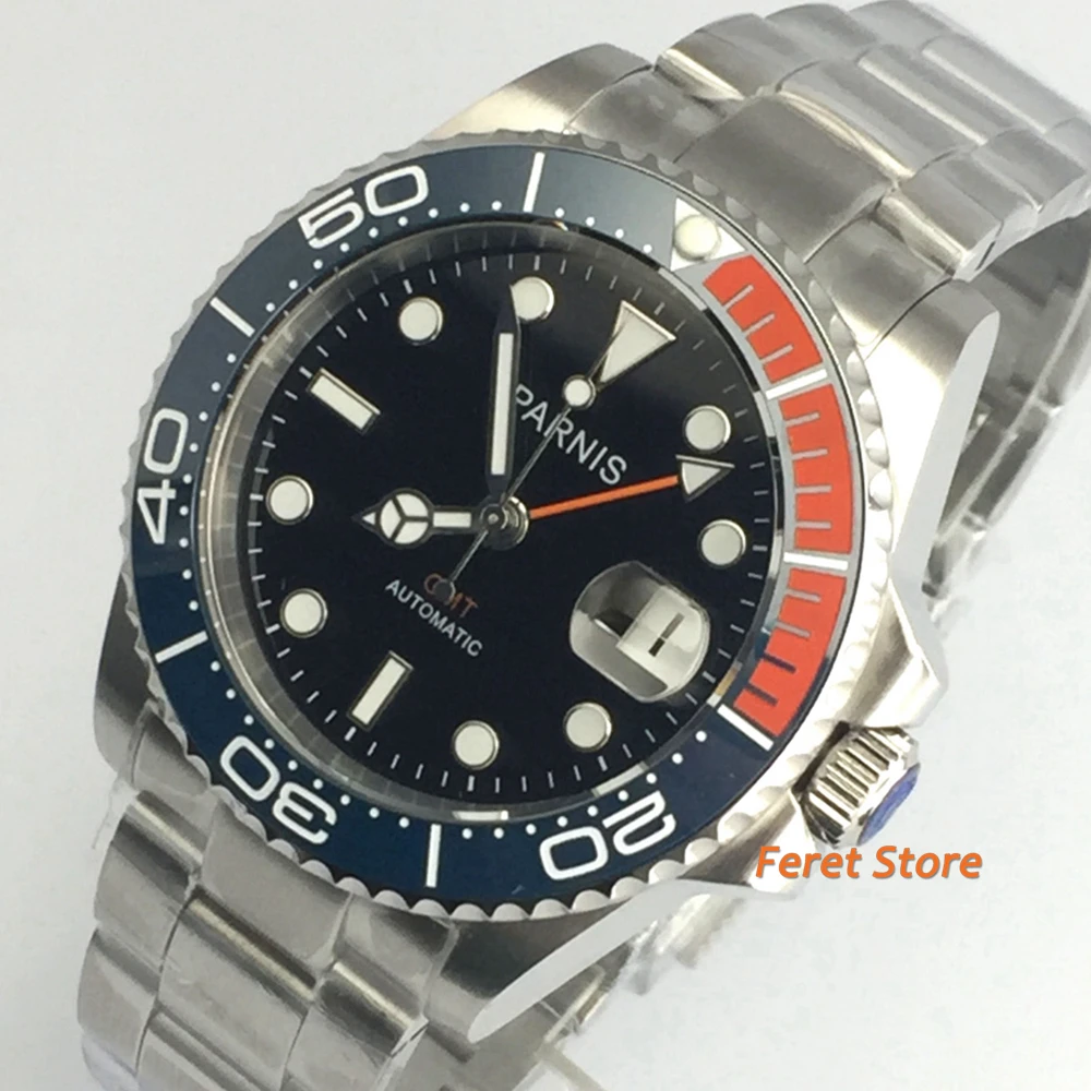 

Parnis 40mm GMT Luminous WATCH Black dial ceramic bezel sapphire glass Stainless steel strap automatic movement men's watch