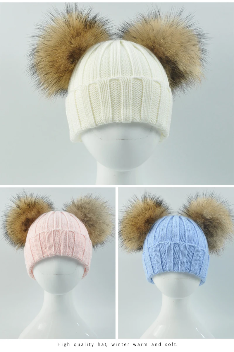 JX Watcher Winter Doppel Echtpelz Pom Pom Hut für Kinder Baby Strick mützen mit zwei Pelz Pompons Jungen Mädchen hochwertige Mütze Mütze – Detail 40