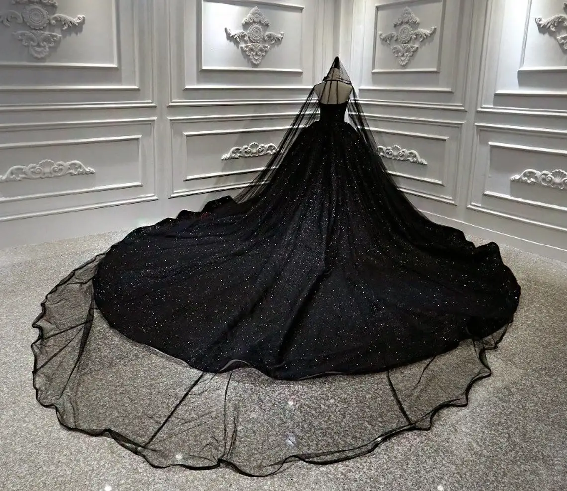 sparkly black wedding dress Black Sparkly Wedding Dress Ball Gown With Cape Veil