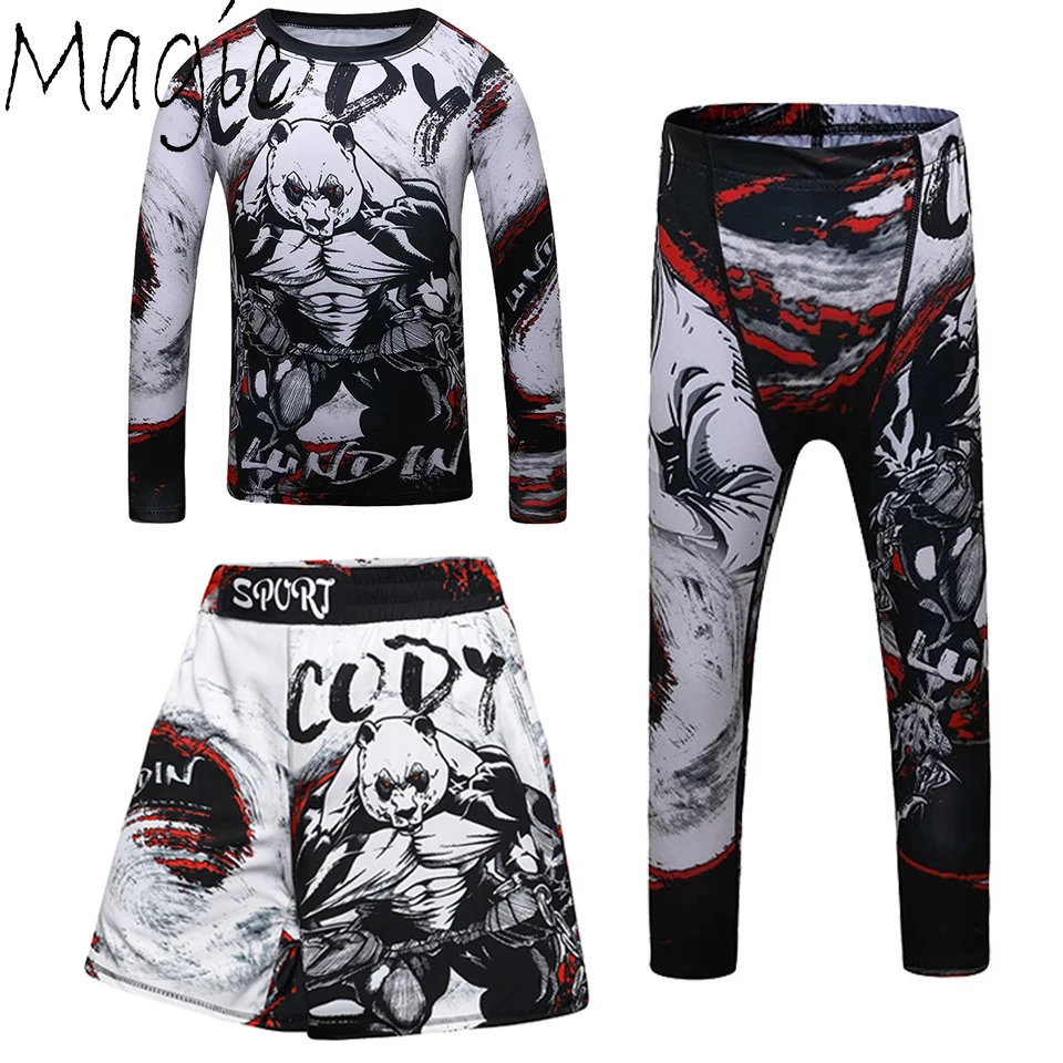 جيو جوسيت Rashguard تي شيرت + السراويل مجموعات الاطفال Bjj الملاكمة الملاكمة التايلاندية السراويل MMA طفح الحرس للأطفال MMA ضغط رياضية