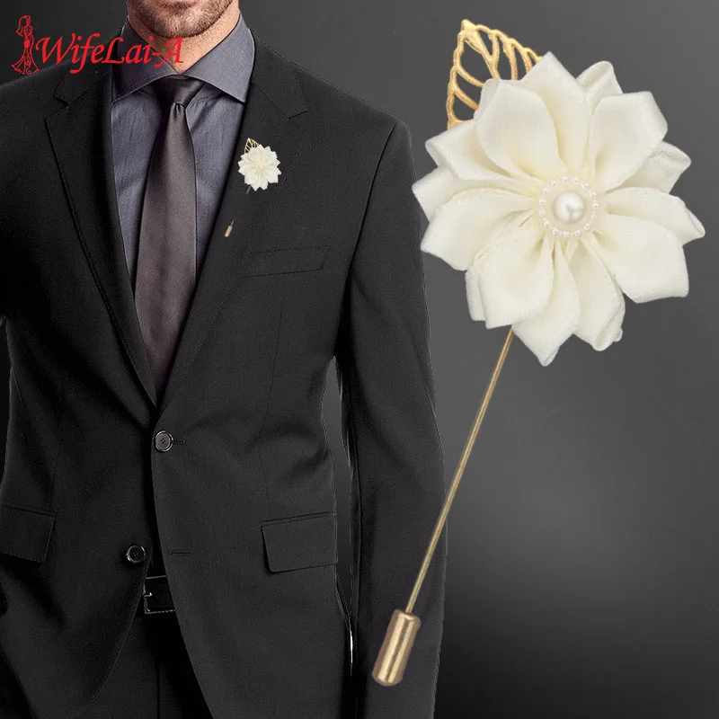 Romantic Ivory Satin Silk Rose Ceremony Flower Man Lapel Pin Corsage Groom Boutonniere Brooch For Wedding Prom Decoration XH889P