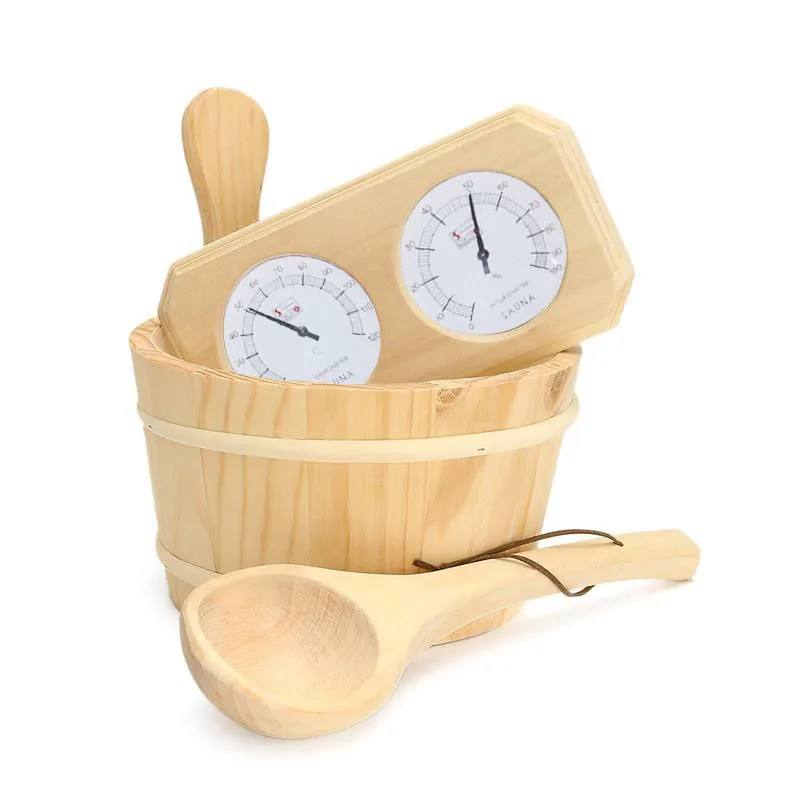 Thermometer Hygrometer + Dipper + Bucket 3pcs/set Pine Wood Sauna Accessory Set 20-140C