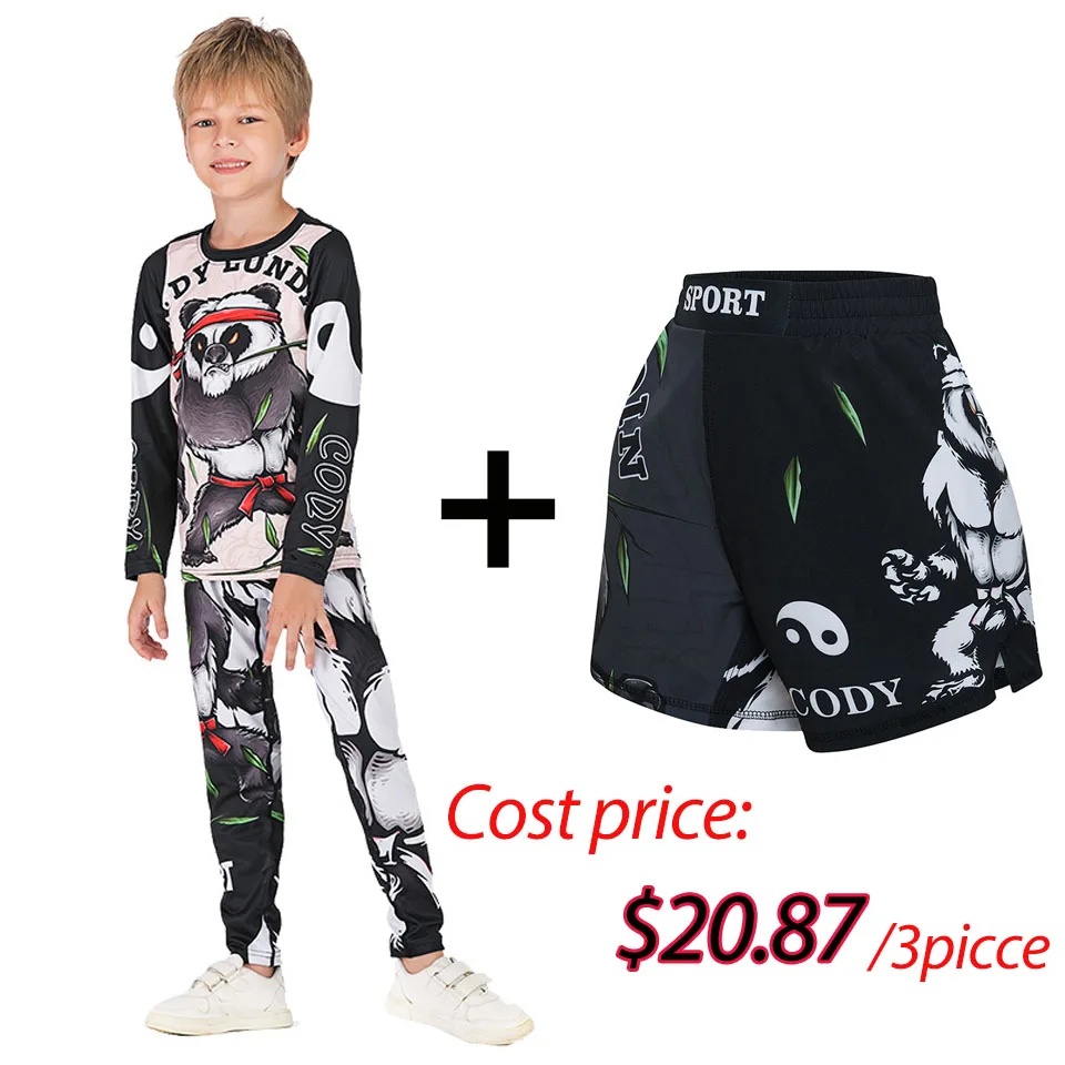 Kids MMA Rashguard BJJ GI T-shirt +Pants Jiu Jusit Tight Trousers Muay Thai Shorts 3Pcs/Set Children MMA Compression Sportsuits