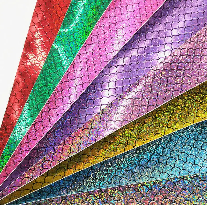 Mermaid Sparkle PU Faux Leather Fabric Holographic Sequin Leatherette DIY Bow Craft Bags Sheet Handmade