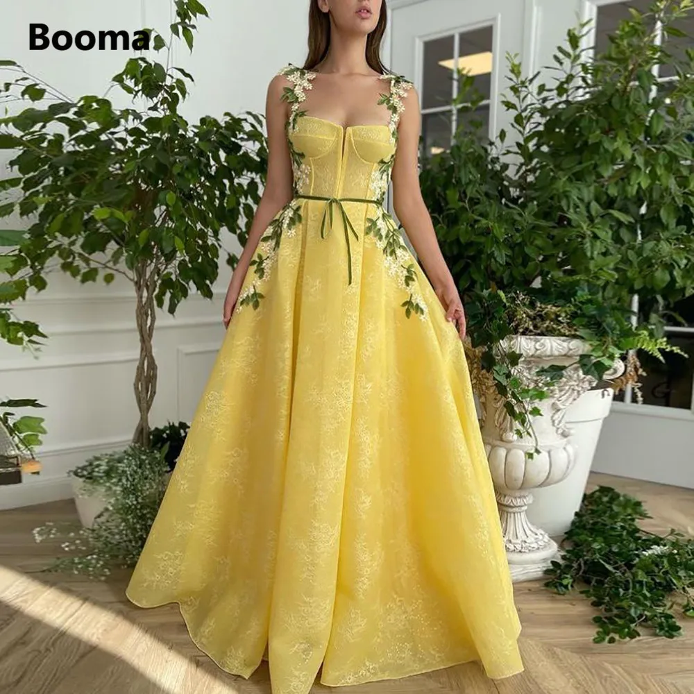 Booma Yellow Lace A-Line Prom Dresses Spaghetti Straps Appliques Pleated Formal Party Dresses Ribbon Belt Open Back Prom Gowns