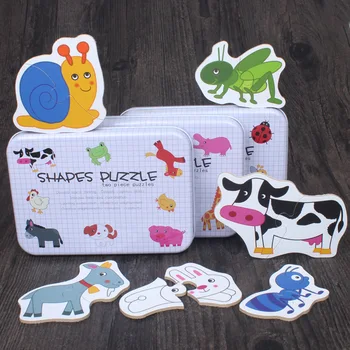 Rompecabezas de madera de escamas de gran tamaño para bebé, juego de rompecabezas de tarjetas de par cognición de frutas y animales para educación temprana con caja de Metal, regalo para niños