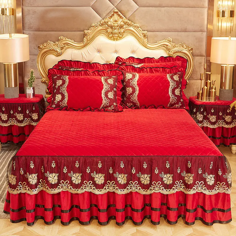 Velvet Red Cotton Quilted Lace Bedspread Ruffle Bedskirt King Size Coverlet Soft Full Queen Double Bed Cover Pillowcase