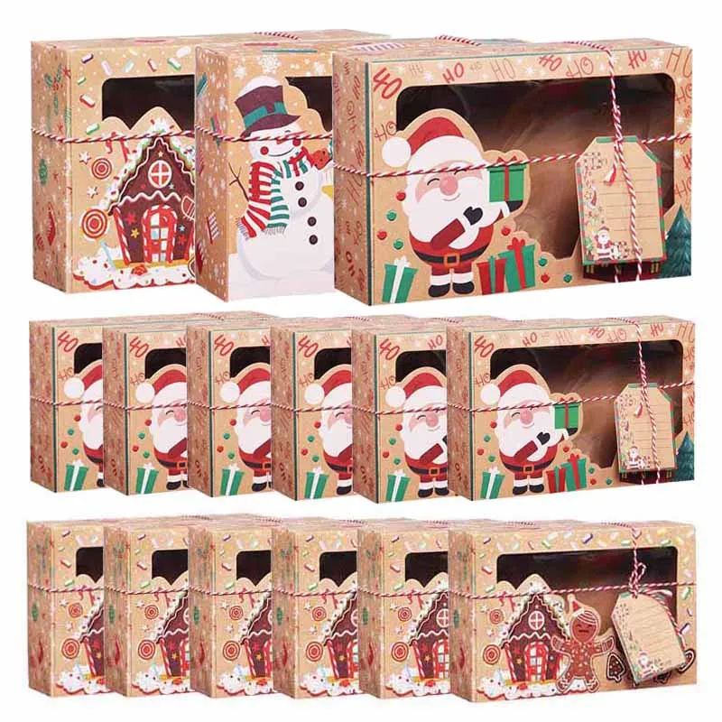 3pcs Merry Christmas Kraft Paper Candy Box Cookie Gift Box Packaging Bag Decor For Home Party Favor New Year Xmas Noel Navidad