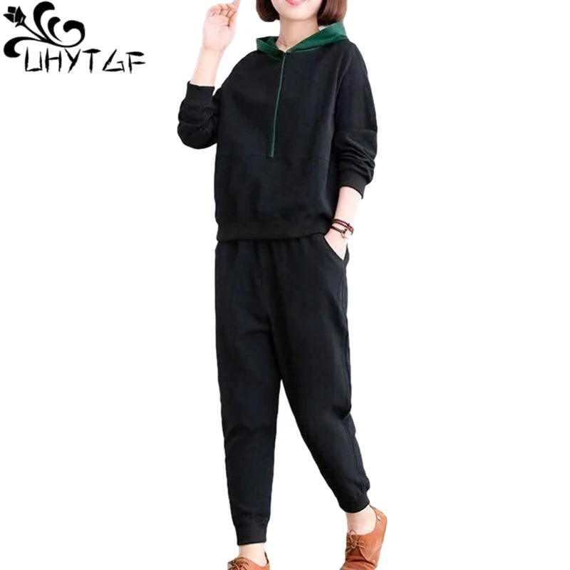 UHYTGF Casual Women's Tracksuit Hooded Pullover Tops+Pants Big Size Two Piece Set Sweatshirt Spring Autumn Suits Female 4XL1273