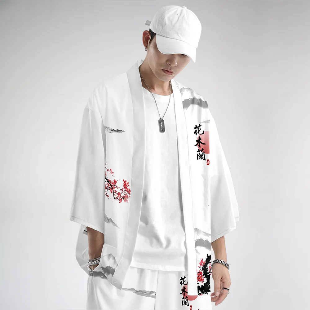 

Summer Men White Print Jacket And Pant Suit Tops Kimono Japan Obi Casual Cardigan Harajuku Short Robe Loose Japanese Style