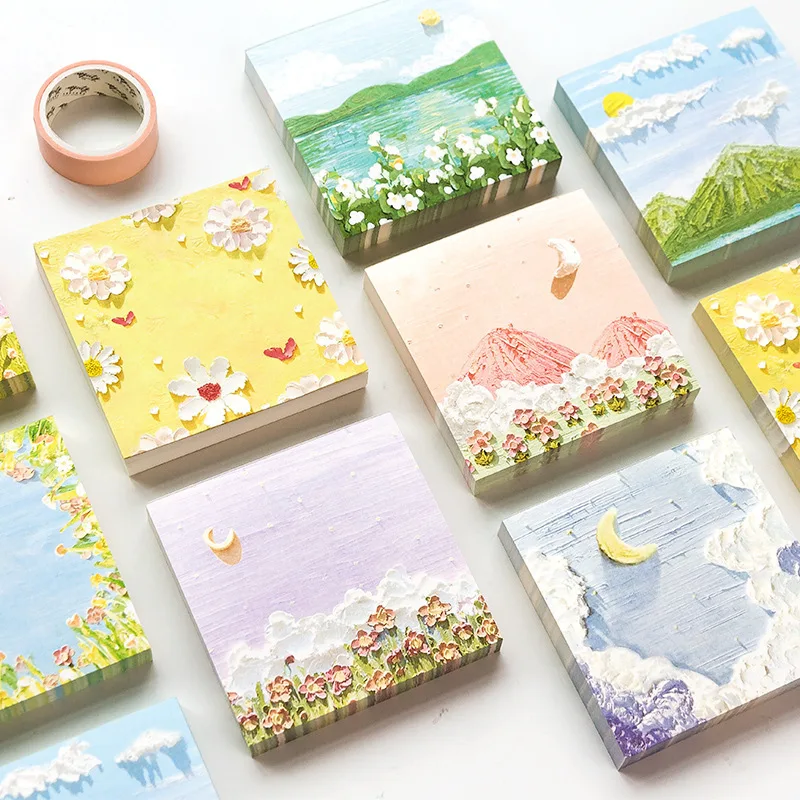 Mengtai 100pcs Oil Painting flower Memo Pad Message Notes Decorative Notepad Note Material paper Stationery Office Supplies