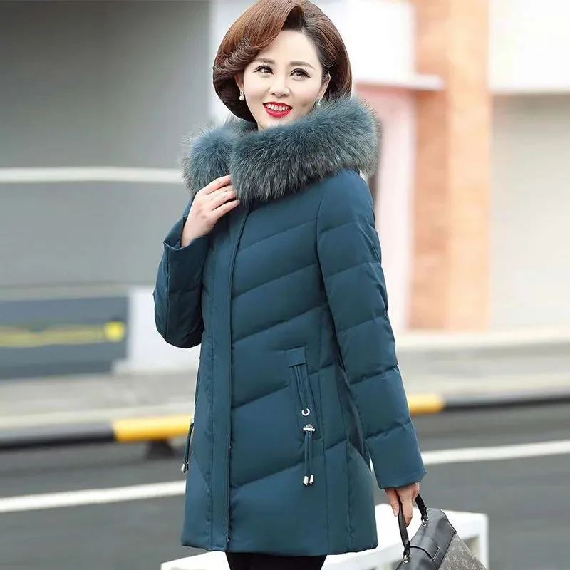 Size 5XL Mother Winter Coat With Fur Collar Elderly Cotton Padded Jacket Women's Thicken Down Padded Jacket Hooded Parka 974