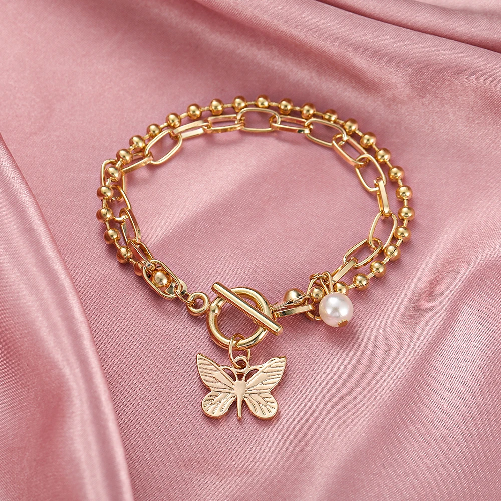 Punk Gold Color Multi-Layer Butterfly Lock Heart Chain Bracelets Set Retro Geometric Snake Pendant Charm Bracelet Trend Jewelry