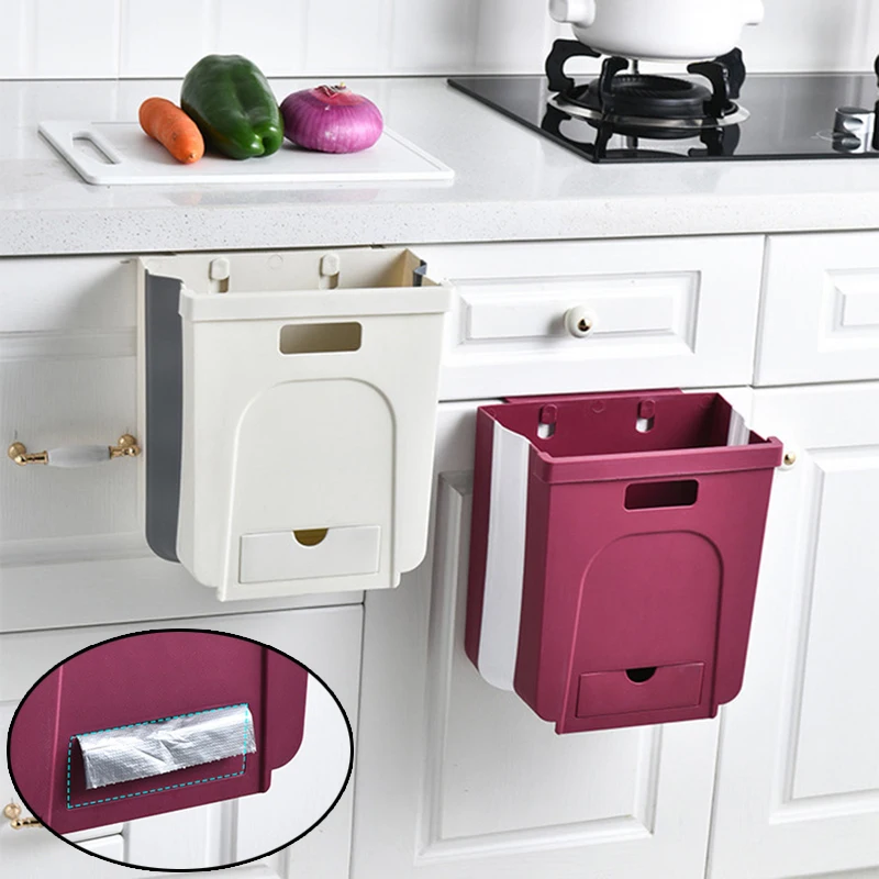 Wall Mounted Folding Waste Bin Kitchen Cabinet Door Hanging Trash Bin Garbage Car Trash Can Wall Mounted Foldable Cleaning