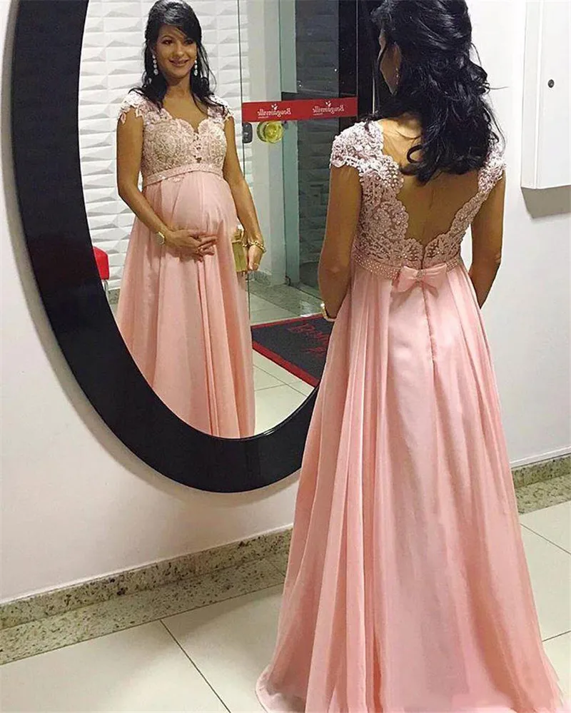 Sevintage Maternity Prom Dresses Empire Pregnant Dress Lace Beaded Sash Bow Plus Size Evening Party Gowns Chiffon Abendkleider