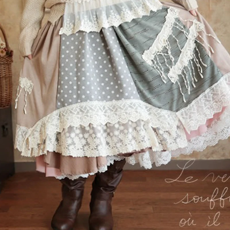 Spring Mori Girl Vintage Plaid Lace Applique Skirt Women Cute Lolita Style Patchwork All Match Female Kawaii Skirts A310