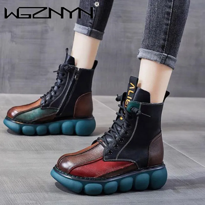 Motorcycle Women\'s Boots Autumn Winter Soft Leather Retro Shoes Black Botas Wedges Female Lace Up Platforms Women Botas Mujer