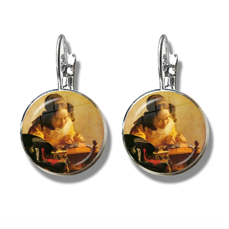 Charm Girl Wearing Pearl Johannes Vermeer Art Oil Painting Stud Earrings 16mm Glass Cabochon Jewellery For Women Girls Gift