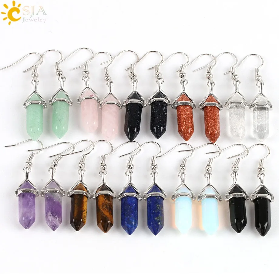 CSJA sześciokątne Reiki kamień naturalny kryształowe kolczyki koralik spadek kwarcowy kolczyk dekoracja biżuteria Piercing kobiety 1 para prawdziwe E086