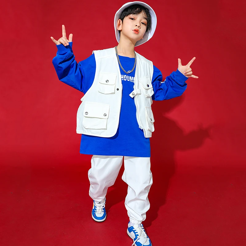 Kinder Hip Hop Street Dance Kostüm Weiß Hiphop Outfits Tops Weste Hosen Für Mädchen Jazz Show Jungen Modern Dance Kleidung BL5808