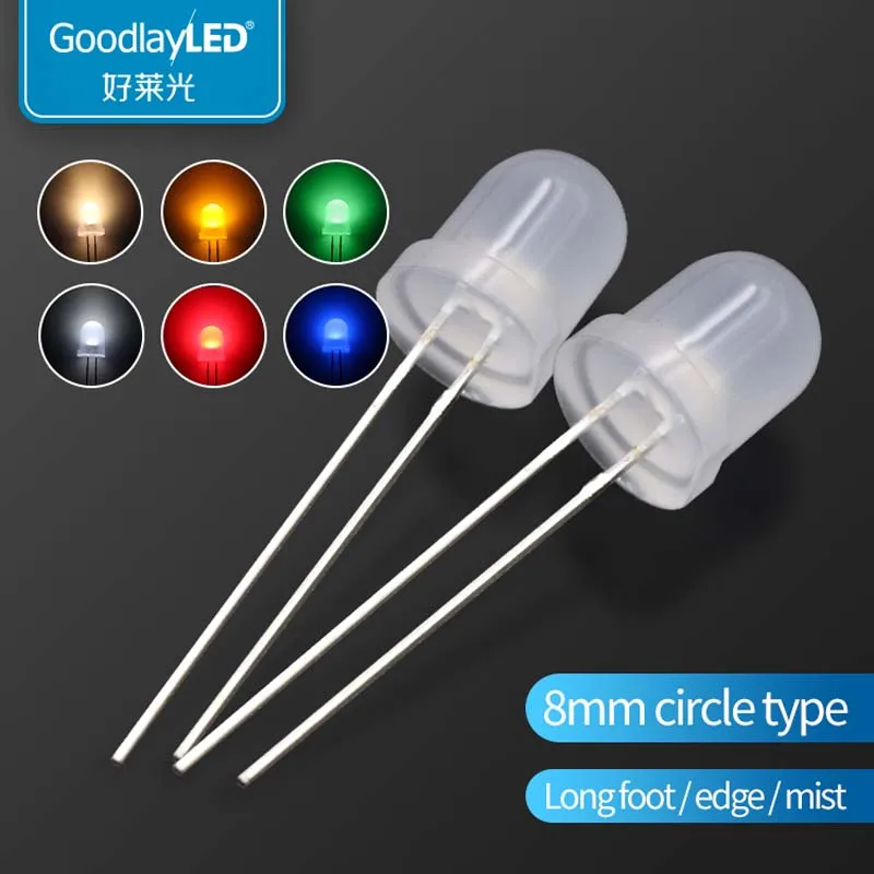 1000PCS Led F8 / 8mm Round Head transparent long leg edge white red blue green yellow Light Emitting Diode