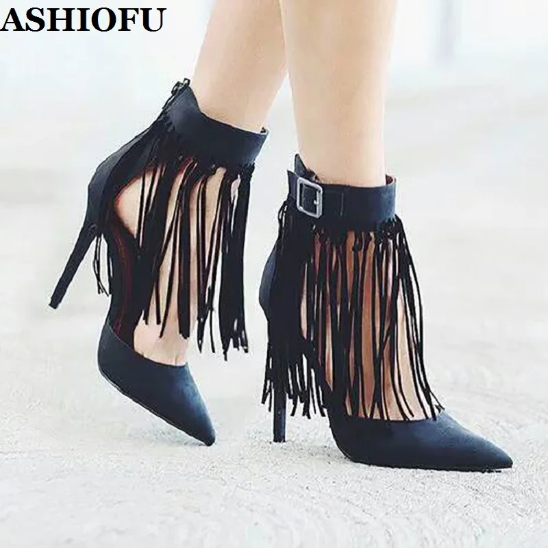 

ASHIOFU 2024 Handmade Women High Heel Pumps Fringed Buckle Strap Party Dress Shoes Sexy Evening Club Dating Fashion Court Shoes