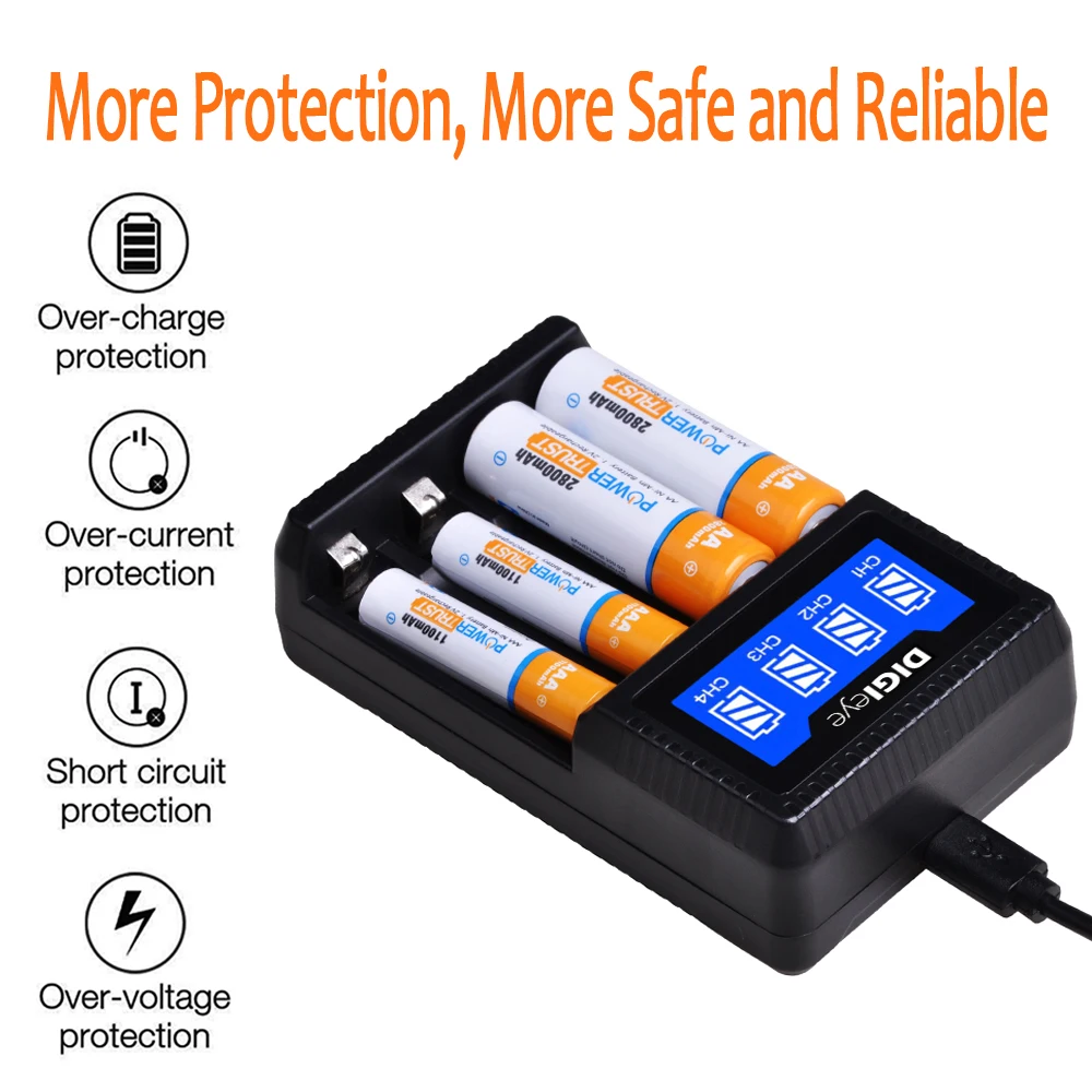 شاحن بطارية LCD USB AA & AAA سريع 4-Bay شاحن بطارية فردي ذكي لبطاريات AA/AAA Ni-MH Ni-CD القابلة لإعادة الشحن