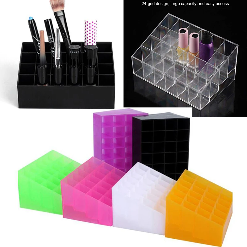 Transparent Trapezoid 24 Grids More Space Lipstick Holder Organizer Display Stand Nail Polish Makeup Storage Box