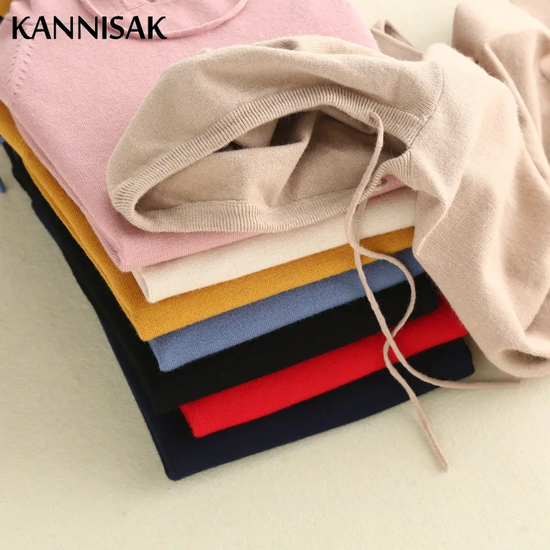 KANNISAK Spring Autumn Women Hoodies 2021 New Solid Sweatshirts Long Sleeve Hooded Hoodie Loose Lady Casual Knitted Pullovers