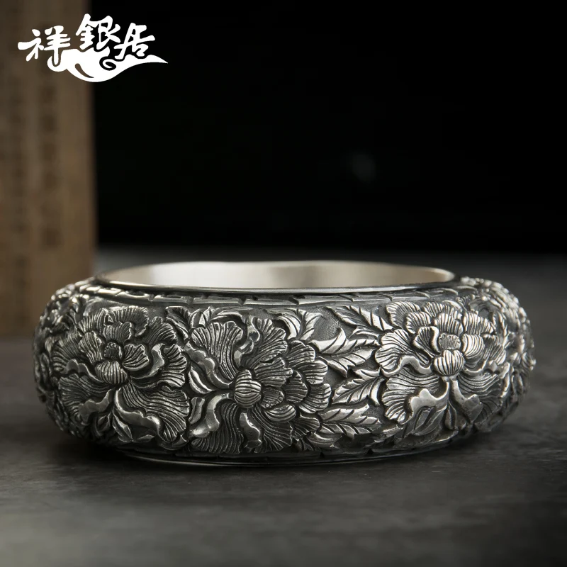 ★original manual Chinese wind 999 fine silver great riches and honor peony silver bracelet silent hollow silver bracelet