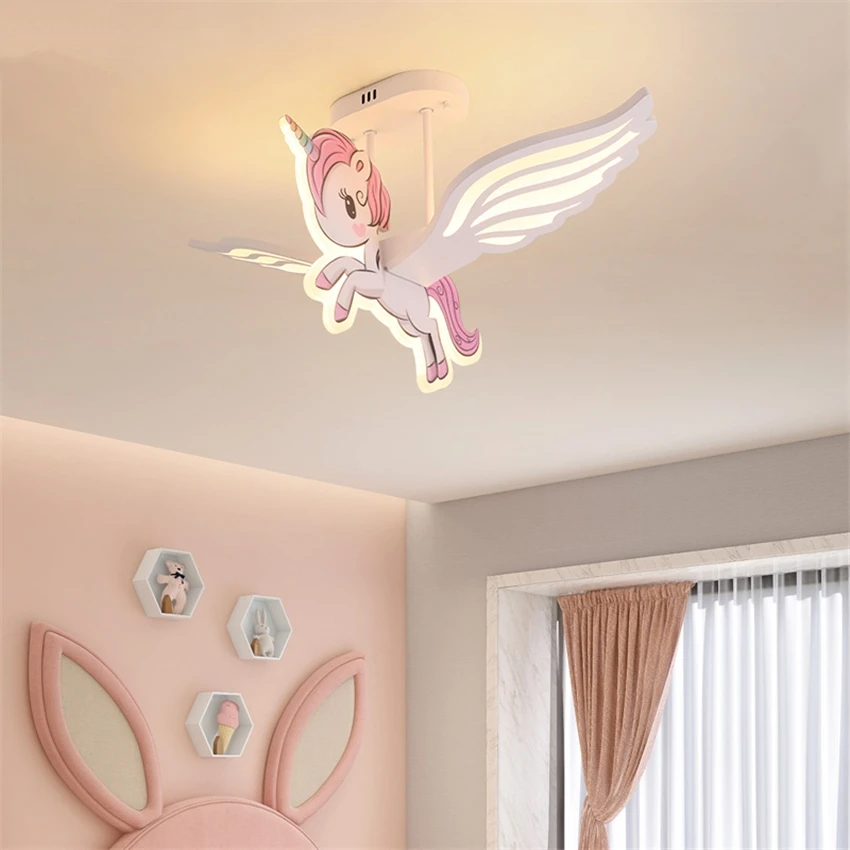 Cartoon pink Pegasus pendant lights children's room lamp girl bedroom room three color change lamps eye protection lighting