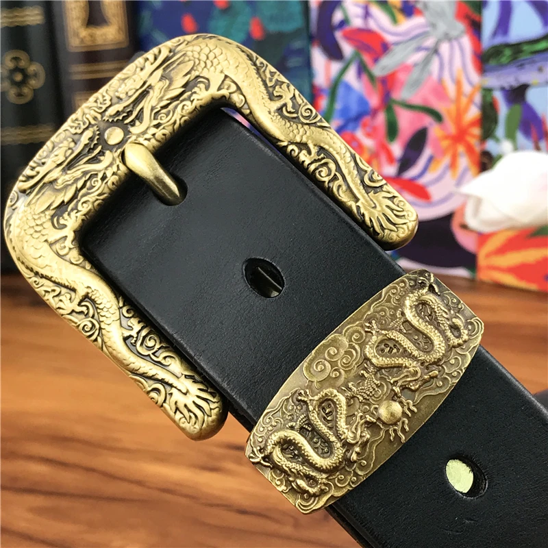 Chinese Dragon Cowboy Brass Belt Buckle Men\'s Belt Ceinture Homme Yellow Belt Male Wide Jeans Men Leather Belt Riem MBT0099