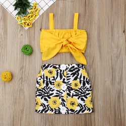 2021 Hot Sale Baby Clothes 2pcs Set Newborn Baby Girl Clothes Cute Big Bow Vest Tops Flower Skirt Yellow Summer Beach Streetwear