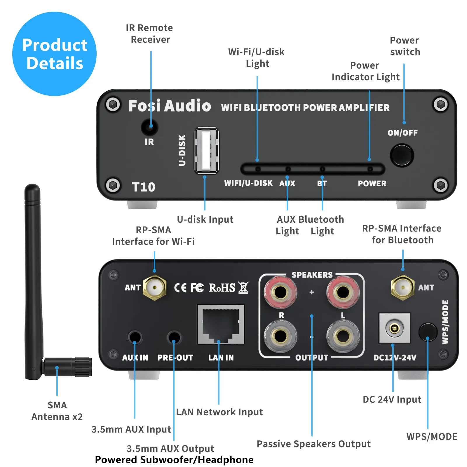 Fosi Audio T10 Stereo Sound Amp TPA3116 100W Powerful Audio Wifi Amplifier With Wi-Fi 2.4G Bluetooth U-disk APP Remote Control