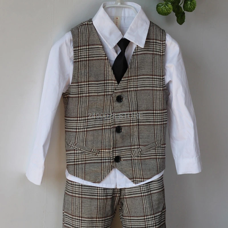 Vest + Blazer + Pants +Tie 4pcs Kids Boys Formal Wedding Suit Gentleman Tuxedo Dress Children Party Costume Clothing 2-12T