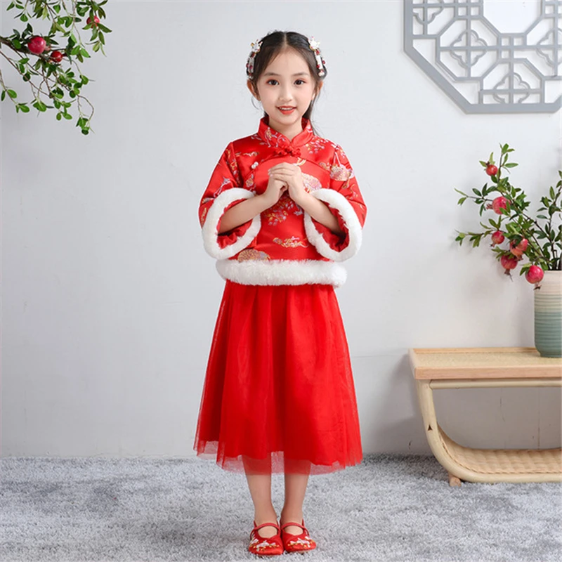 

Cheongsam girl winter new thickened red New Year's clothing girl New Year's clothing red dress to keep warm vestido chino