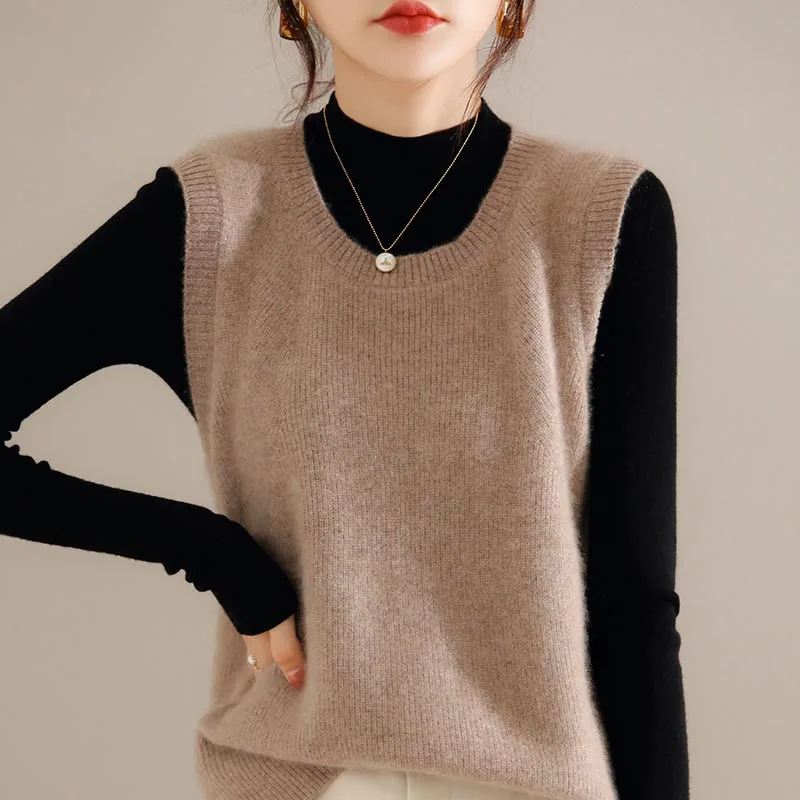 Women Sleeveless Oneck 100% Pure Wool Knitted Jumpers 2021 Winter New Pullovers Female Sweaters