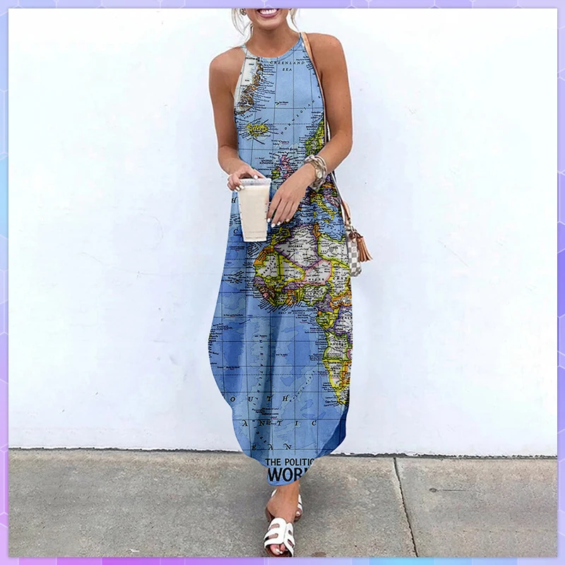 New World Map Pattern Printing Women's Dress Hot Summer Tank Strap Dresses Cross-Border Irregular Split Skirt Hem Women Clothing