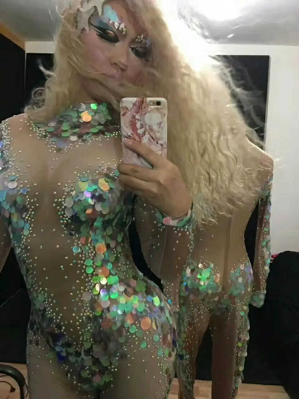 Sexy Della Sirena di Paillettes Fase Della Tuta Delle Donne di Festa di Carnevale Body E Tutine Cristallo Tuta Celebrazione Occasione Abbigliamento Ballerino Costumi