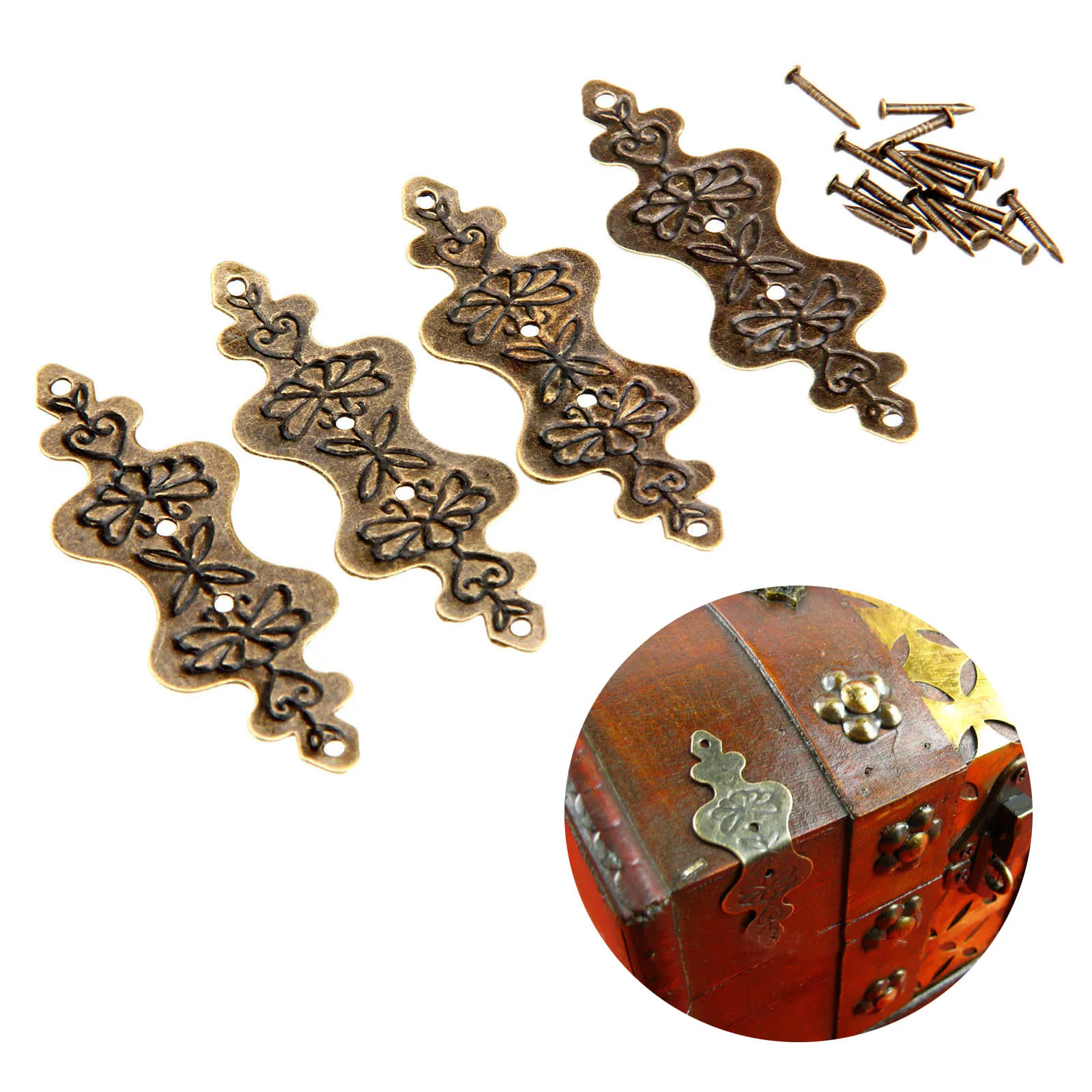 4Pcs Antique Bronze Corner Bracket Jewelry Box Wood Case Decorative Feet Leg Corner Protector Furniture Fittings w/Nails 56*20mm