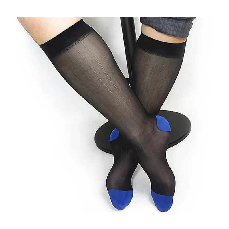 

Ultra Thin Sheer Men Formal Socks Knee High See through Dress Suit Socks Hose for Gay Fetish Collection Striped Male Stocking