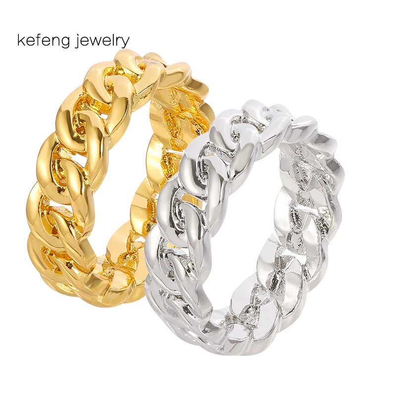 Gold Plated Filled Chunky Chain Ring for Women Girls Cuban Curb Link Ring Fashion Bohe Jewelry