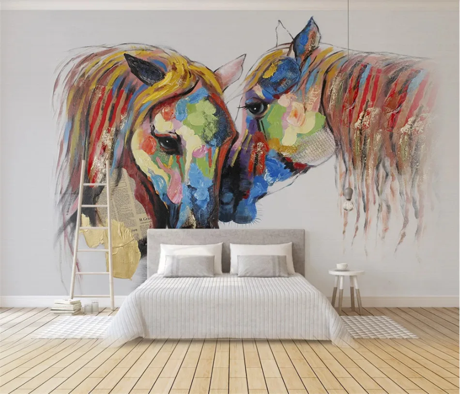 Bacal European Hand-painted Color Couple Horse Oil Painting Photo Wallpapers for Bedroom 3D Wall Paper Mural Home Decor