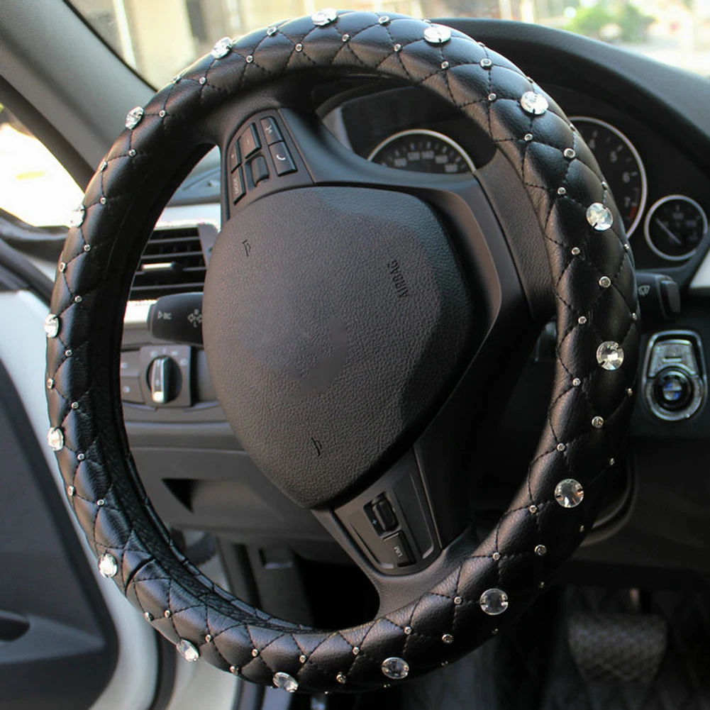 

Sheepskin 38cm Steering Wheel Cover Leather Universal Fashion Women's Car Interior Steering Cover