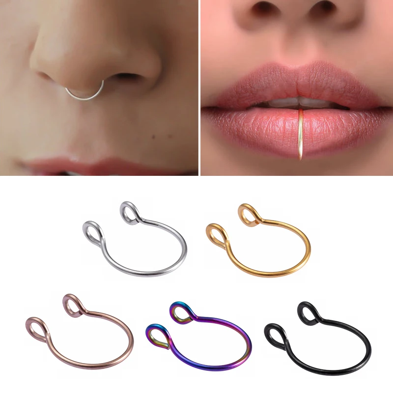 1pc Fake Piercing Nose Ring Hoop Septum Stainless Steel Clip Ear Lip Rings Faux Earring Non Piercing for Women Men Body Jewelry