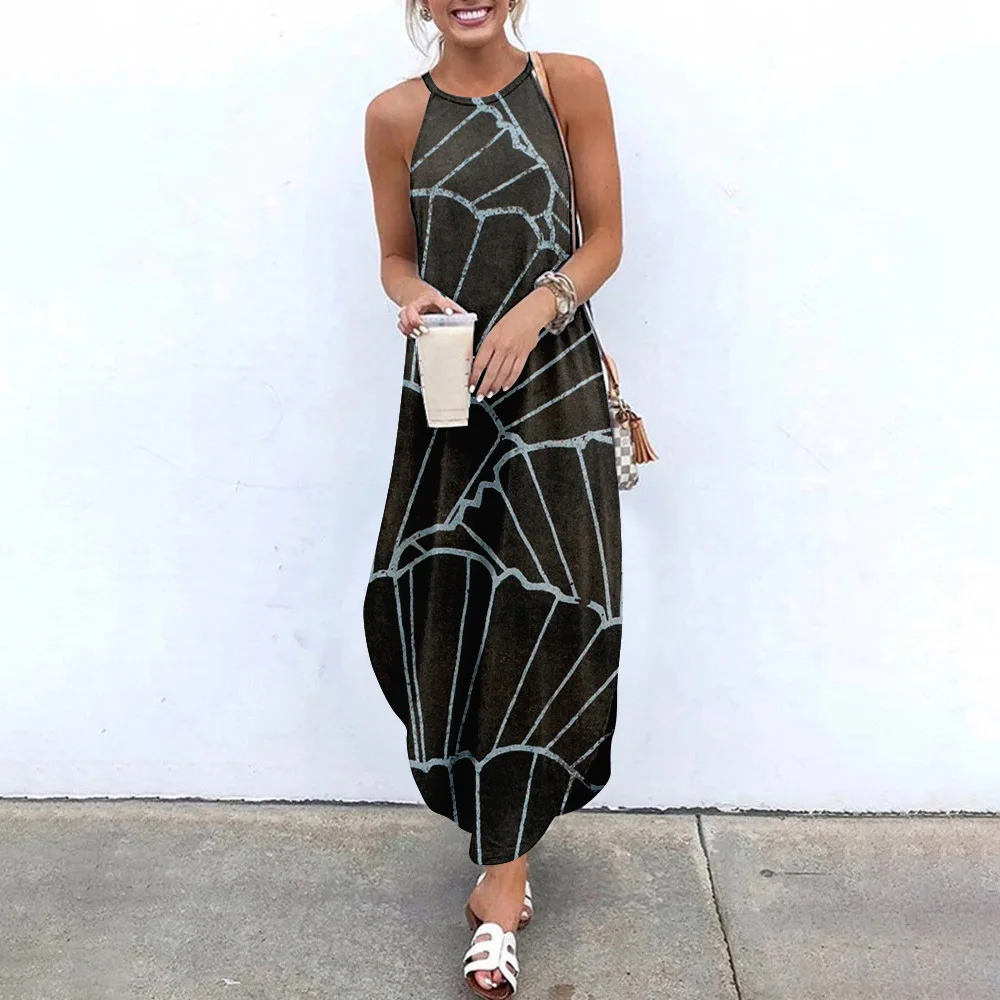 

Maxi Dresses Stripe Printed Sexy Sleeveless Sundress Women Causal Halter Summer Beach Dress Asymmetric Sling Long Dresses