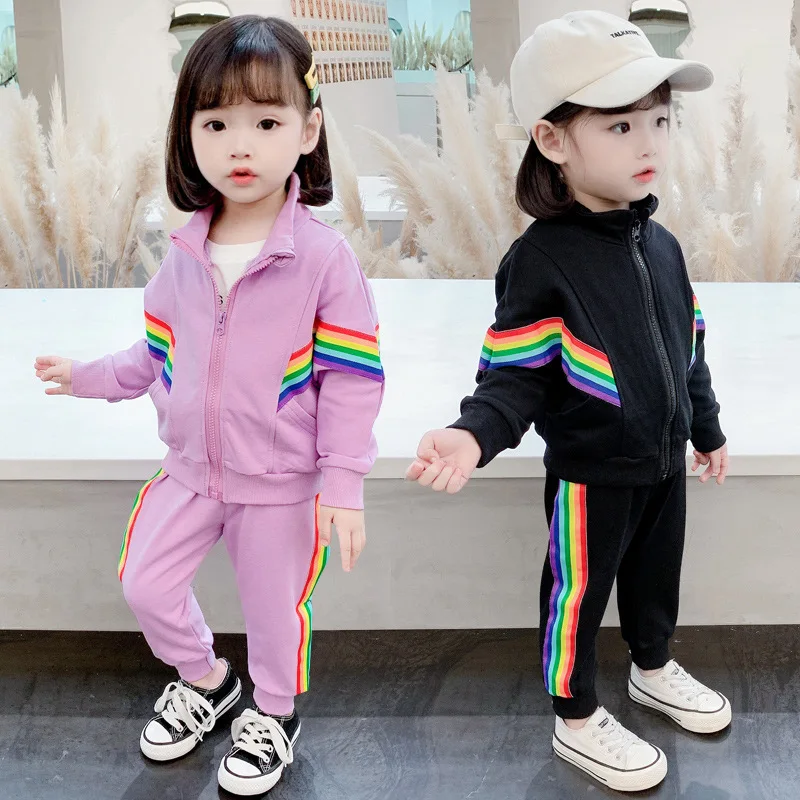 

Rainbow Spring Autumn Children Clothes Baby Girls Coat+ Pants Kids Teenagers Tracksuit Sport Suits Outwear High Quality